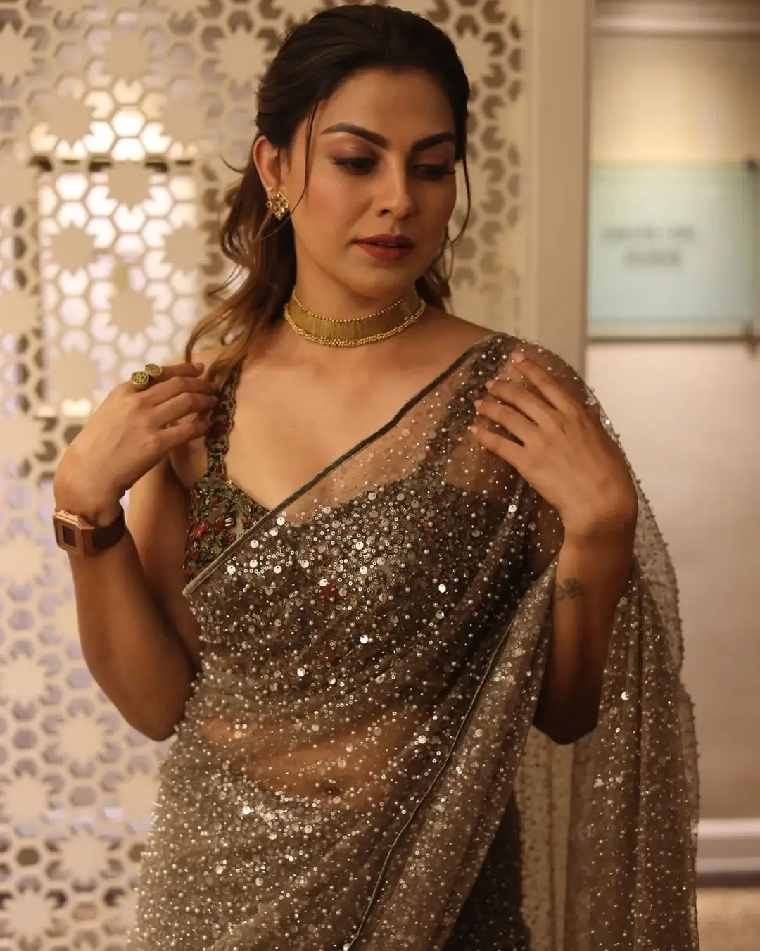 Indian Actress Anusree Nair in Black Color Saree Sleeveless Blouse